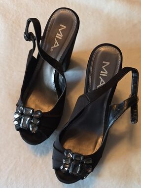 MIA Black Slingback Heels with Crystal Accent